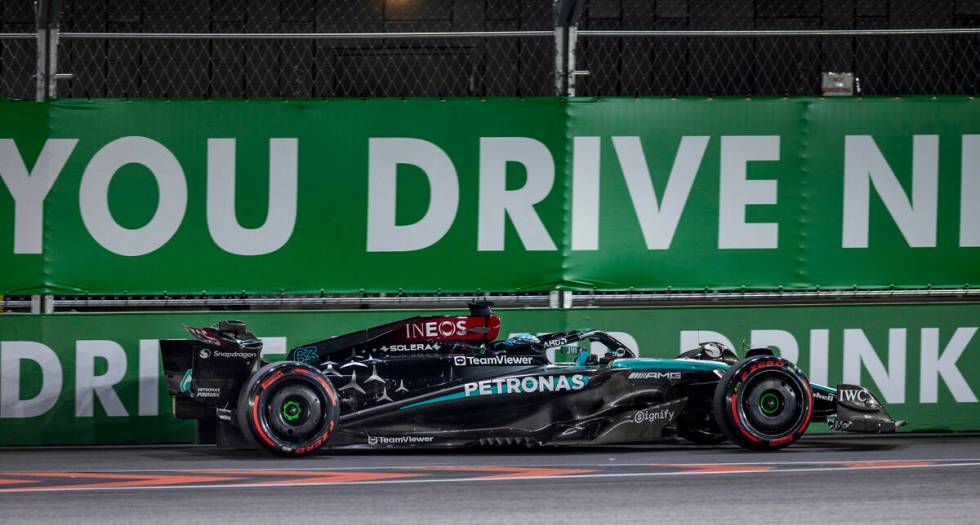 Mercedes driver George Russell on his way to the pole position during the qualifying round for ...