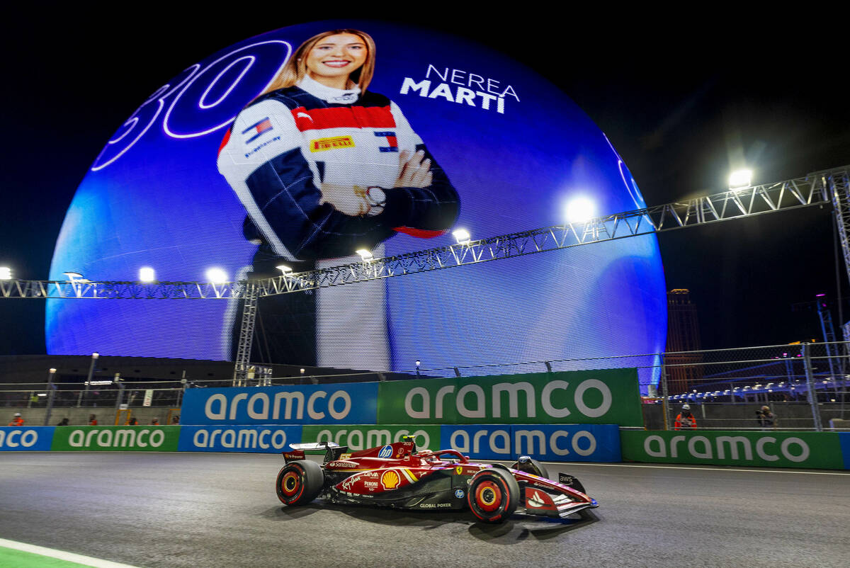 Ferrari driver Carlos Sainz around the MSG Sphere on his way to second during the qualifying ro ...