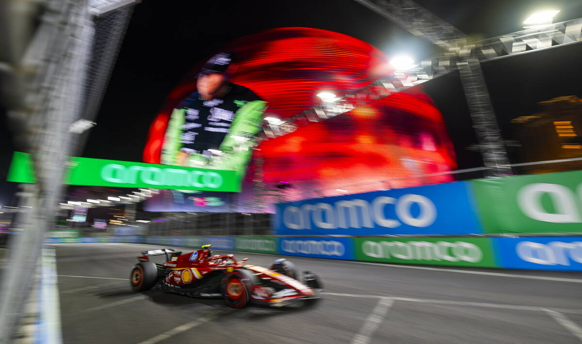 Ferrari driver Carlos Sainz around the MSG Sphere on his way to second during the qualifying ro ...