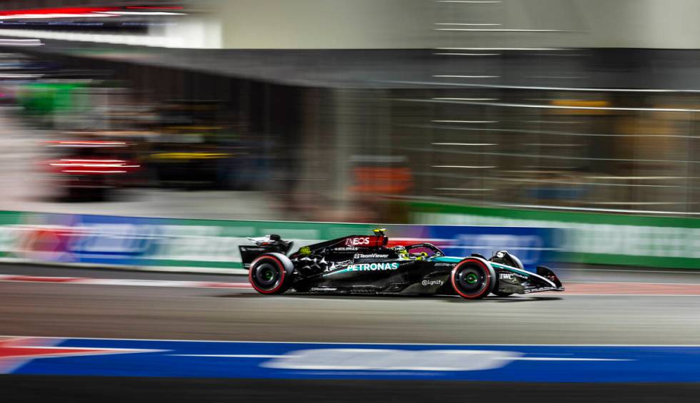 Mercedes drive Lewis Hamilton during the qualifying round for the Formula 1 Las Vegas Grand Pri ...