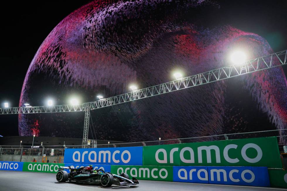 Formula 1 Mercedes driver Lewis Hamilton rounds the Sphere during a free practice ahead of the ...