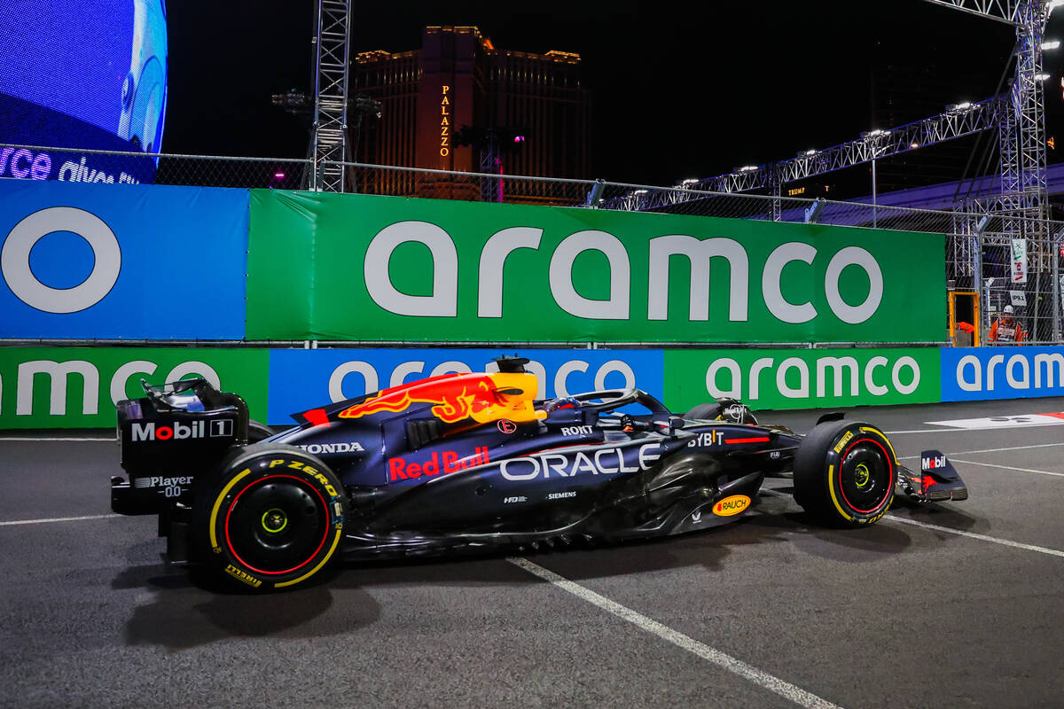 Formula 1 Red Bull Racing driver Max Verstappen speeds by during a free practice ahead of the F ...