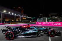 Formula 1 Mercedes driver George Russell rounds a corner during a free practice ahead of the Fo ...