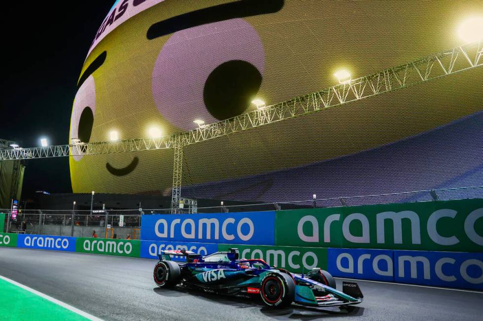 Formula 1 Alpine driver Esteban Ocon speeds past the Sphere during a free practice ahead of the ...