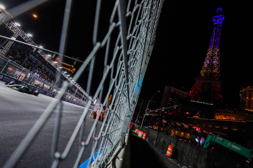 Kick Saber driver Zhou Guanyu navigates the circuit during the Formula 1 Las Vegas Grand Prix o ...