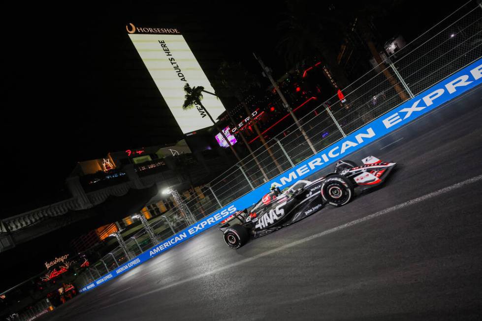 Formula 1 Haas driver Nico Hulkenberg speeds by during the Formula 1 Las Vegas Grand Prix on th ...