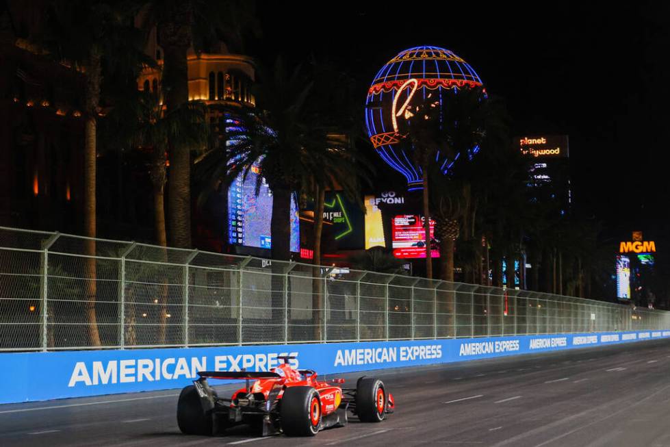 Formula 1 Ferrari driver Charles Leclerc navigates the circuit during the Formula 1 Las Vegas G ...