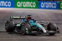 Mercedes driver George Russell on his way to the pole position during the qualifying round for ...