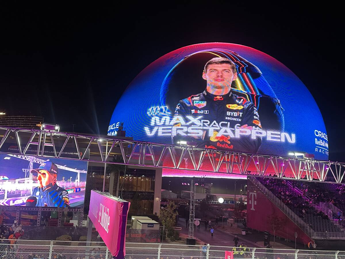 F1 champ Max Verstappen's image is shown at T-Mobile Zone at Sphere during F1 Las Vegas Grand P ...