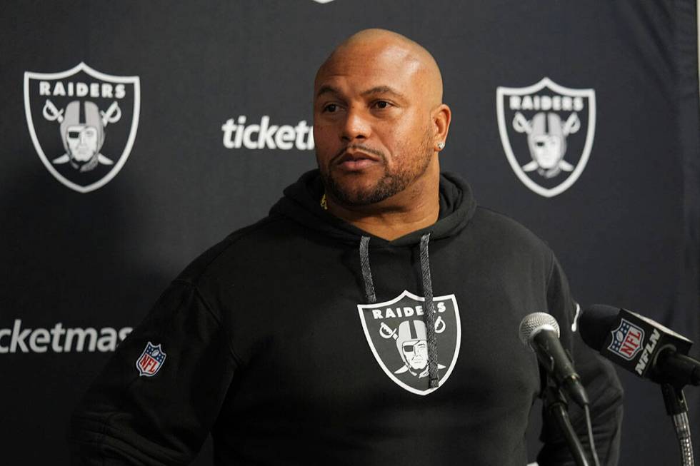 Las Vegas Raiders head coach Antonio Pierce responds to a question after an NFL football game a ...