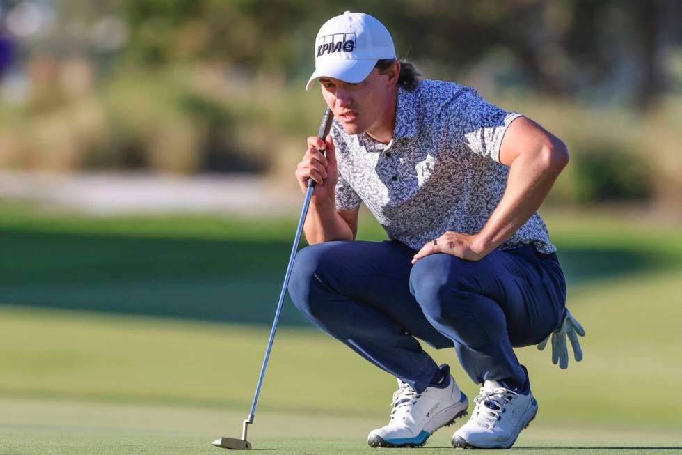 Maverick McNealy studies the 18th green during the final final round of the RSM Classic golf to ...