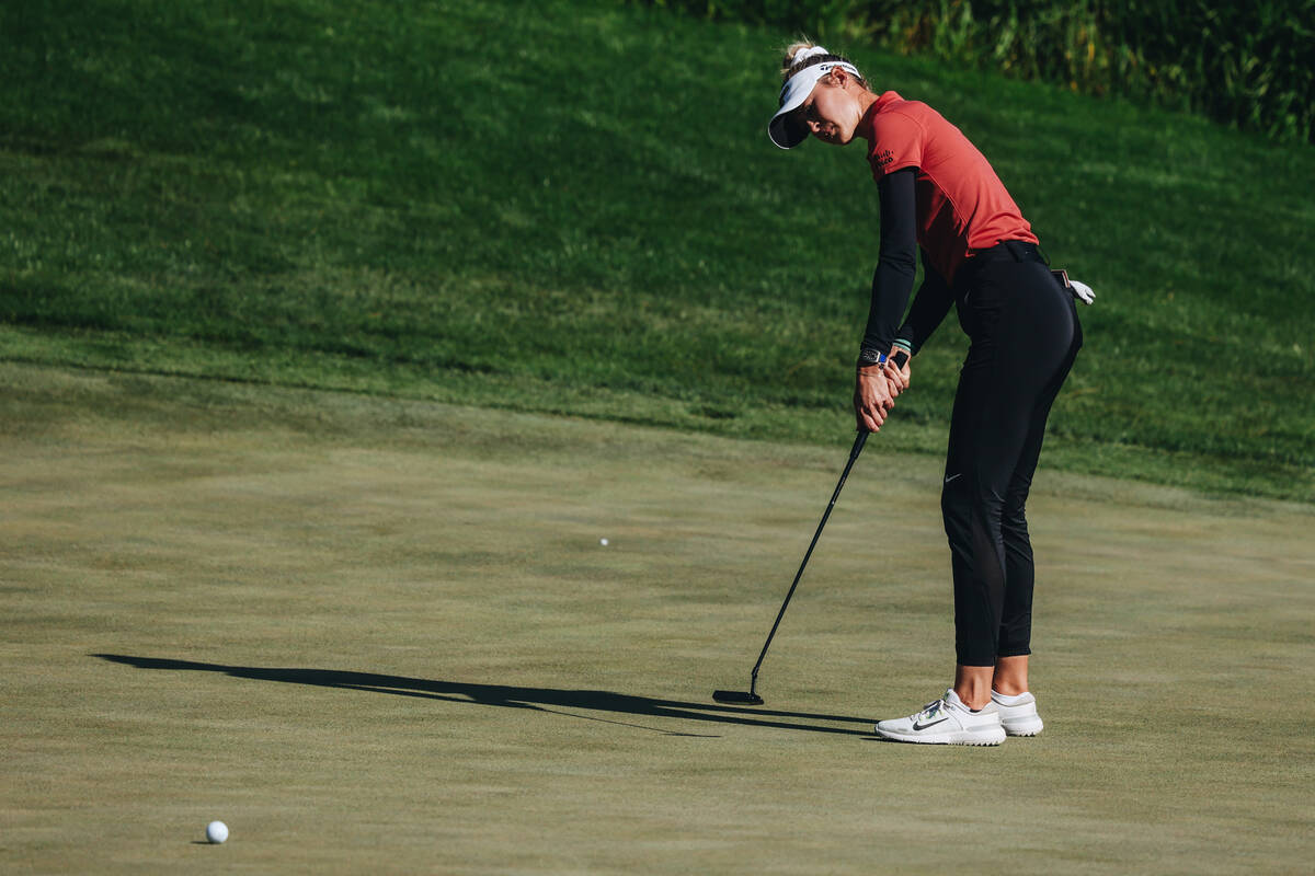 Nelly Korda tees her ball during the T-Mobile Match Play championship match at Shadow Creek Gol ...