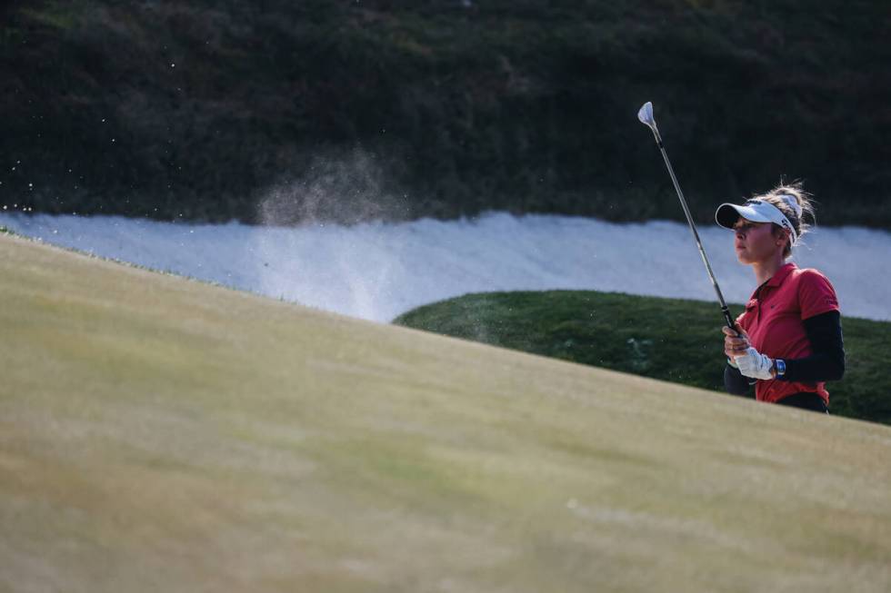 Nelly Korda strikes her ball out of the sand during the T-Mobile Match Play championship match ...