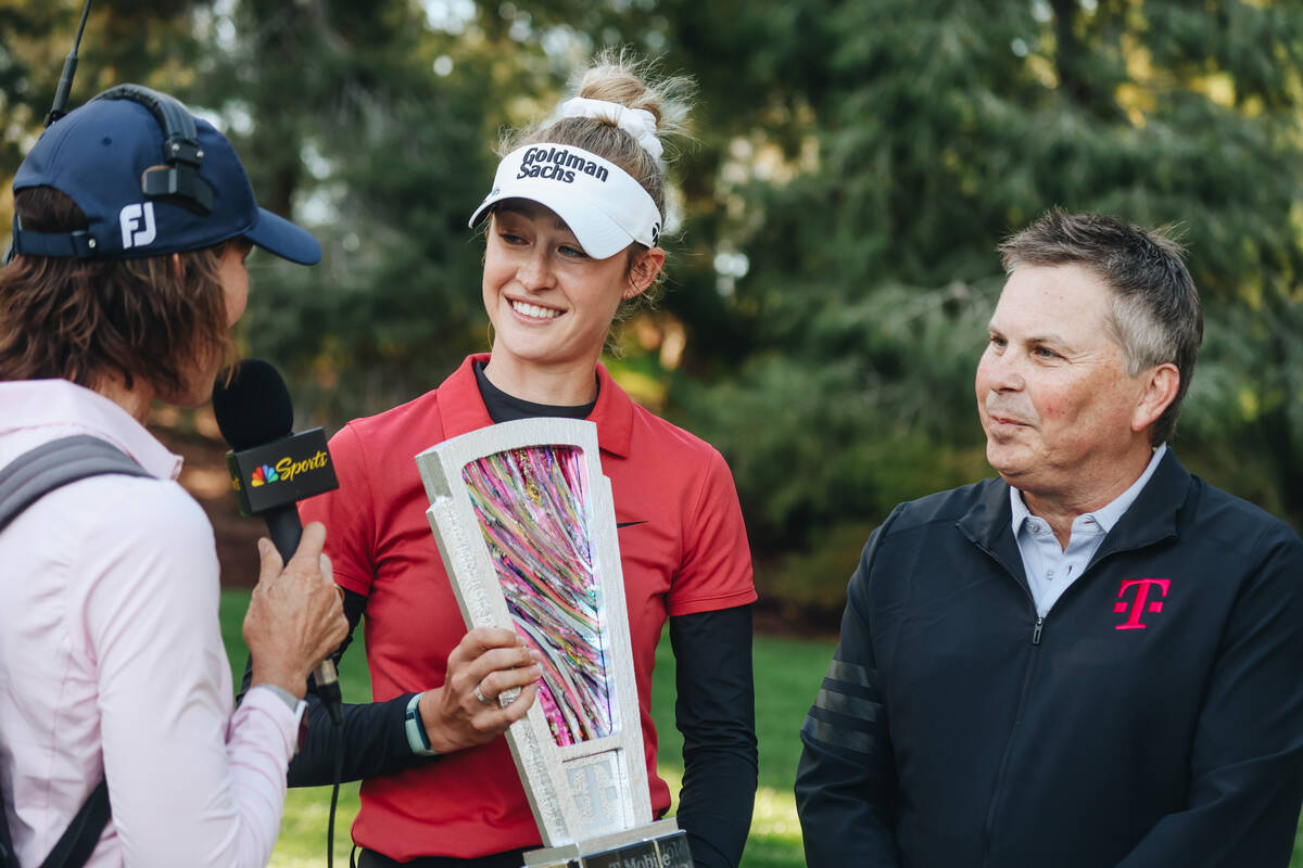 Nelly Korda celebrates winning during the T-Mobile Match Play championship match at Shadow Cree ...