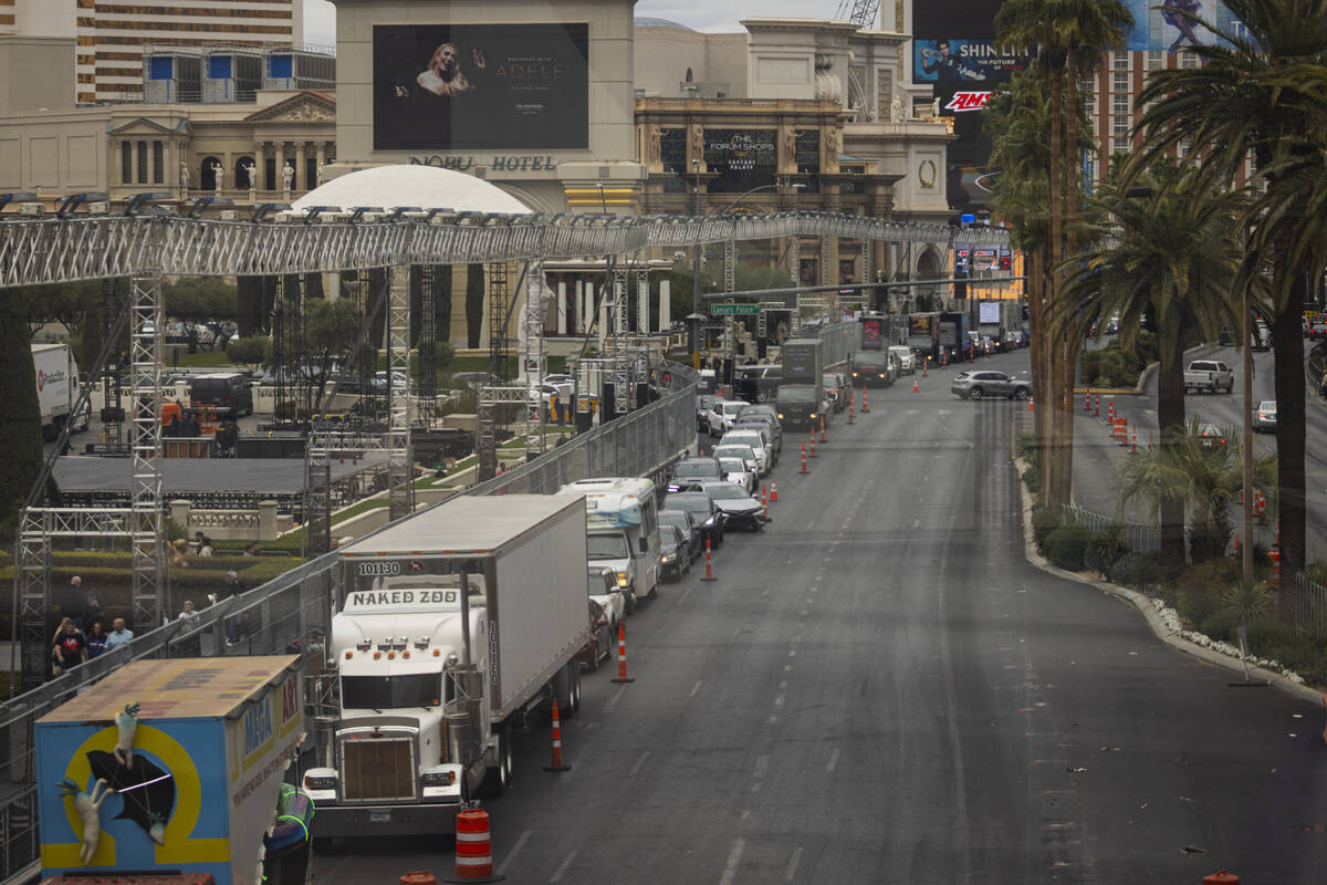 Traffic along Las Vegas Boulevard is seen backed up as crews work to take down the Formula One ...