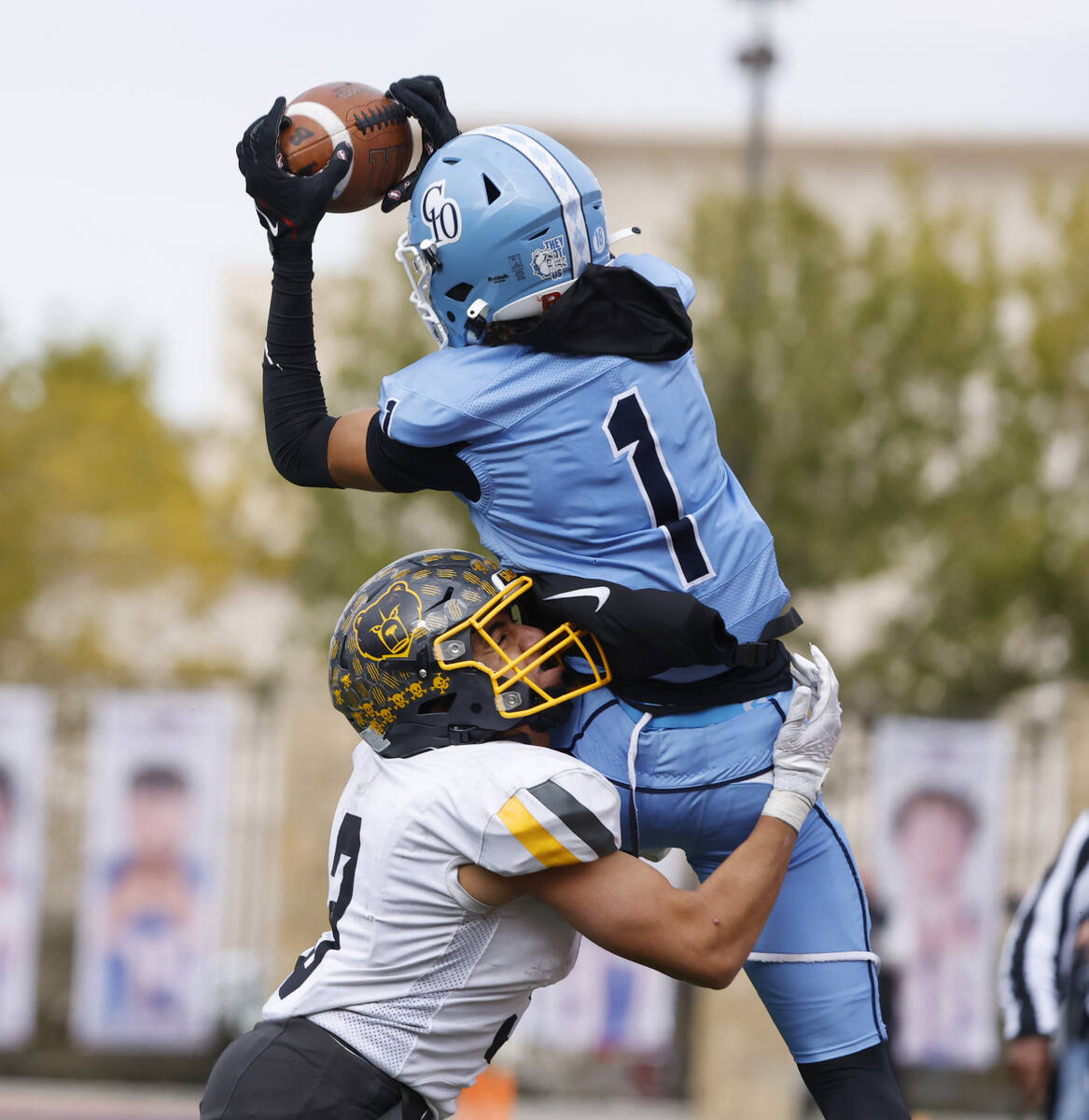 Centennial High's wide receiver Jayden "jet" Thomas (1) catches a pass as Galena High ...