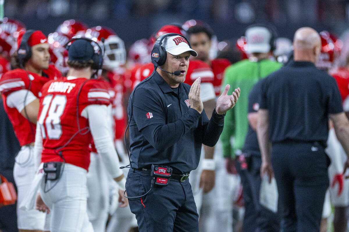 UNLV head coach Barry Odom applauded his teams effort against the Boise State Broncos during th ...