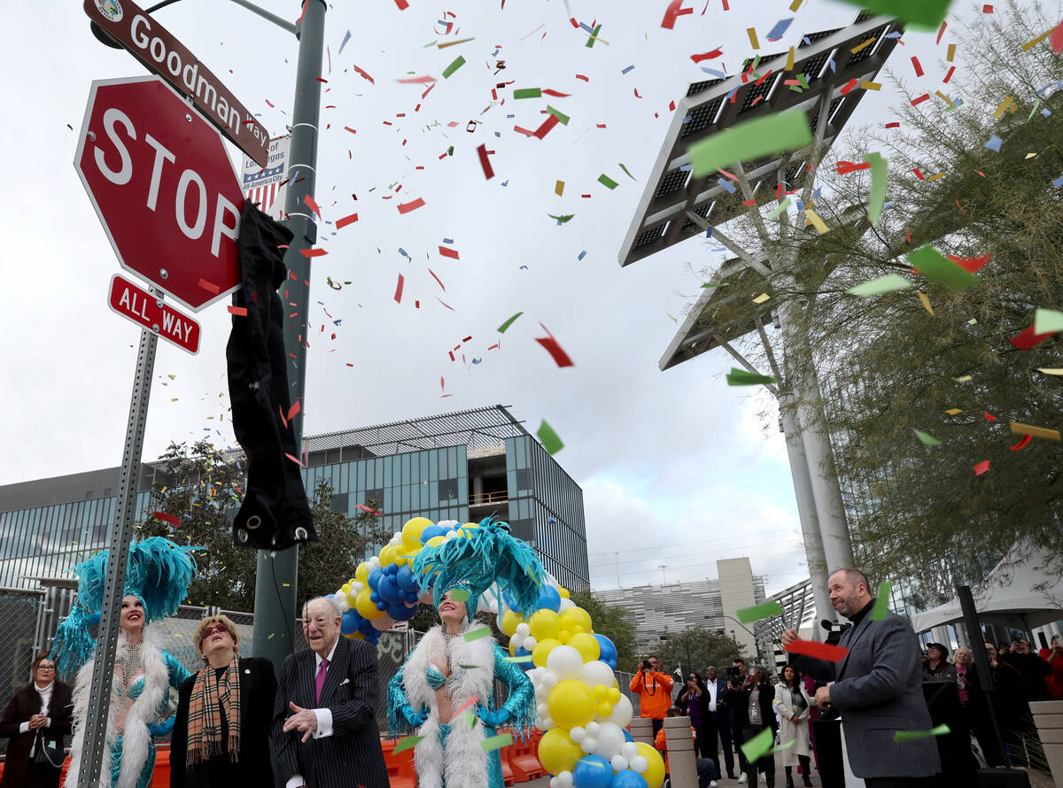 Las Vegas Mayor Carolyn Goodman former Mayor Oscar Goodman unveil a street sign with their name ...