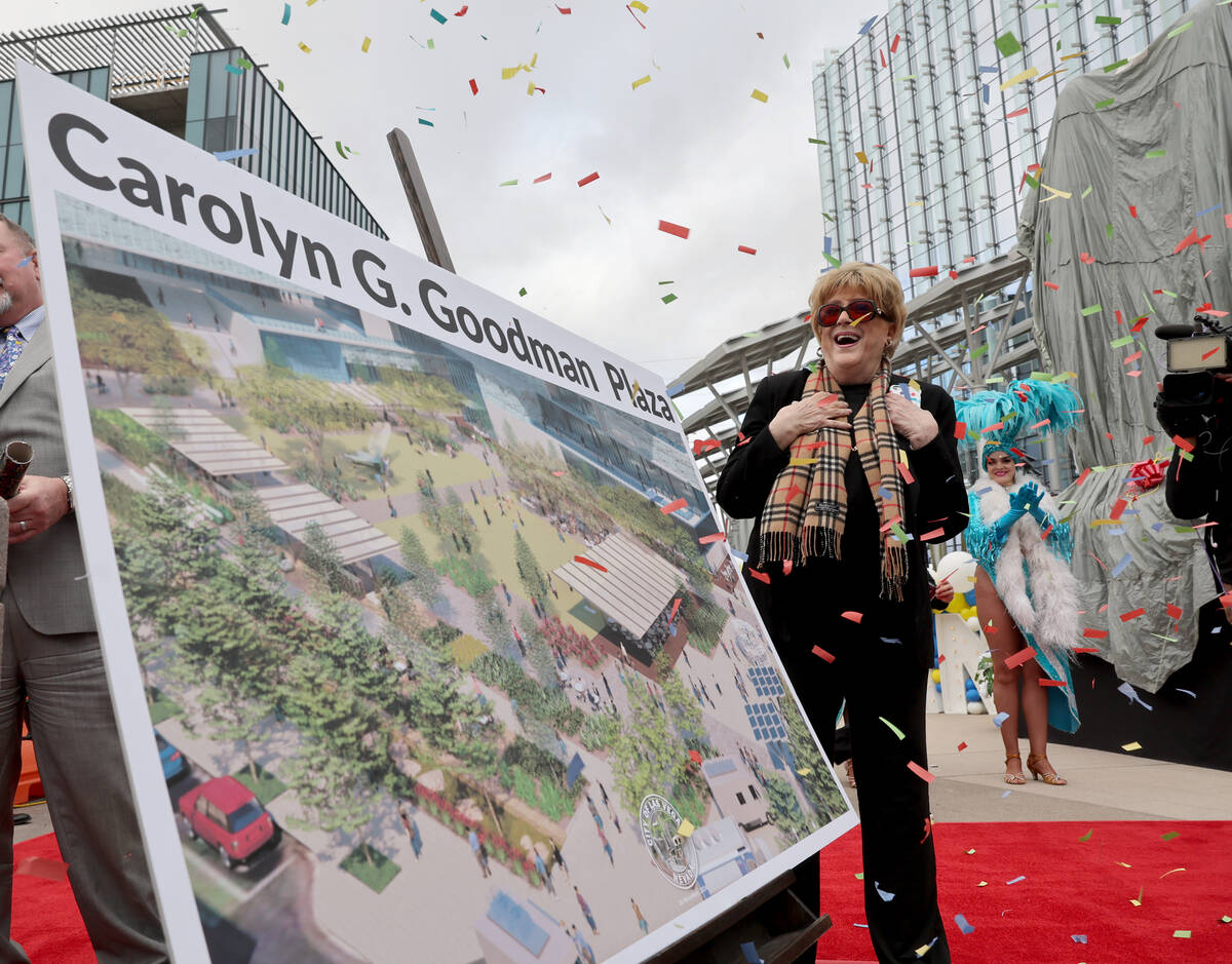 Las Vegas Mayor Carolyn Goodman reacts to a sign naming the new Civic Center Plaza after her in ...