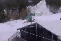 Skiers and snowbirds at the base of Lee Canyon as rain and snow falls on Monday, Nov 25, 2024. ...