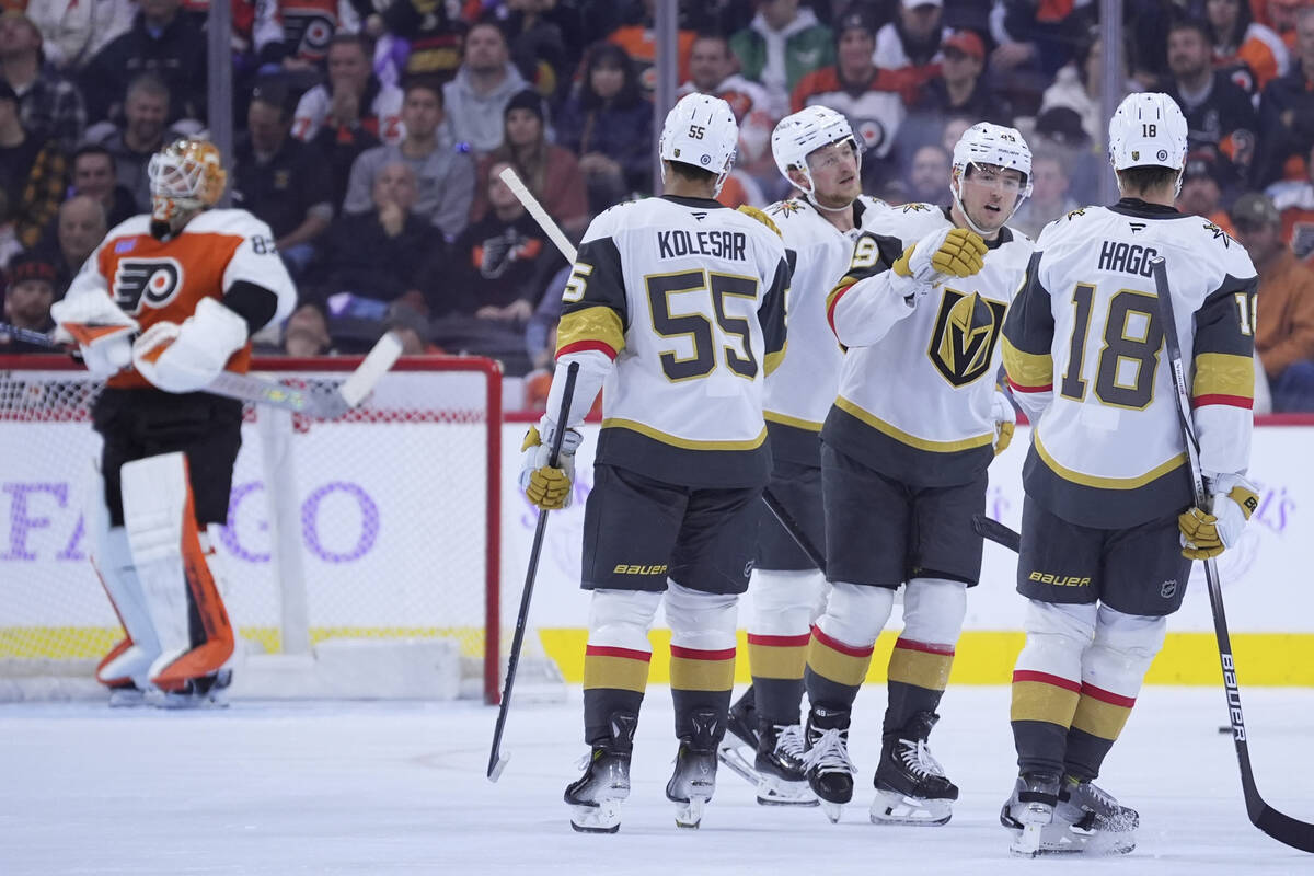 Vegas Golden Knights' Robert Hagg, from right, Ivan Barbashev, Jack Eichel and Keegan Kolesar c ...