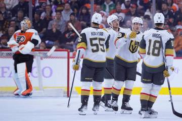 Vegas Golden Knights' Robert Hagg, from right, Ivan Barbashev, Jack Eichel and Keegan Kolesar c ...