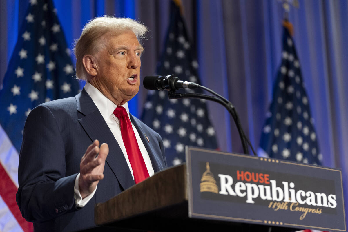 President-elect Donald Trump speaks at meeting of the House GOP conference, Nov. 13, 2024, in W ...