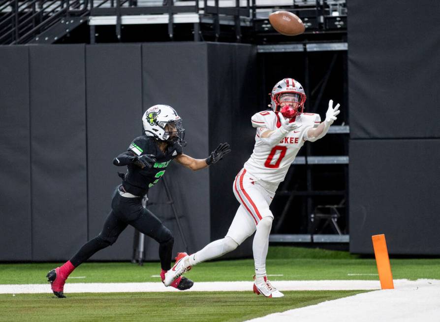 Truckee senior Jackson Wicks (0) attempts to catch a potential scoring pass during the Class 3A ...