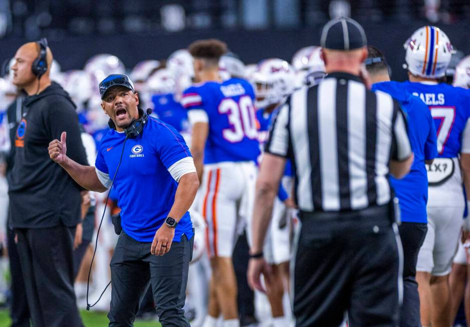 Bishop Gorman head coach Brent Browner argues a call with an official against Arbor View during ...