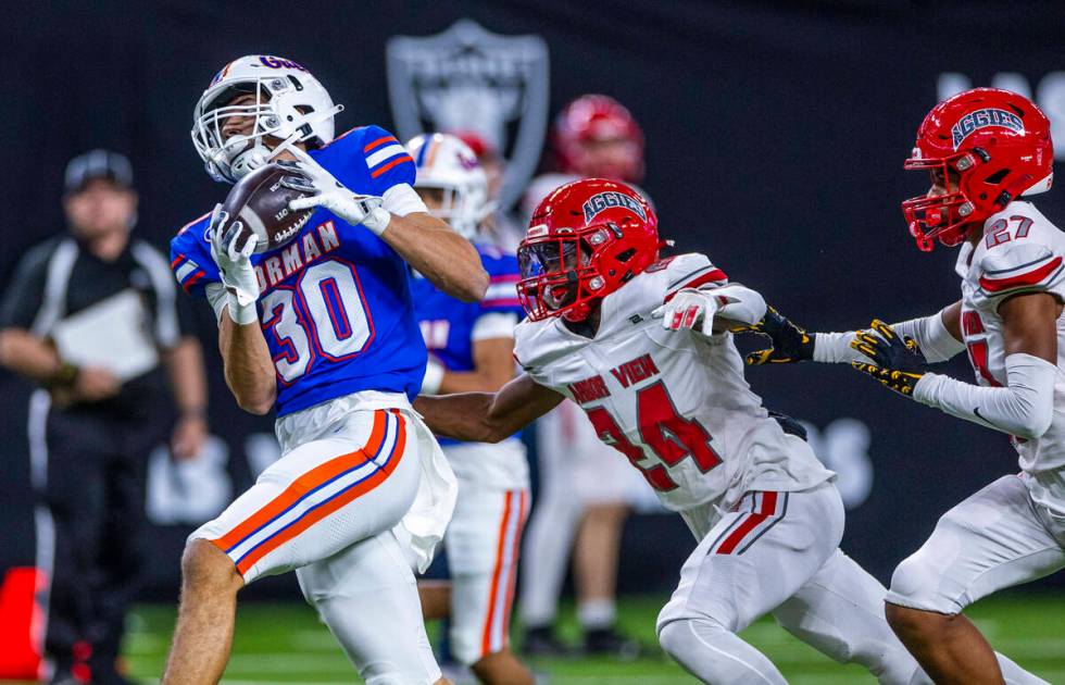 Bishop Gorman wide receiver Derek Meadows (30) hauls in a long pass over Arbor View cornerback ...