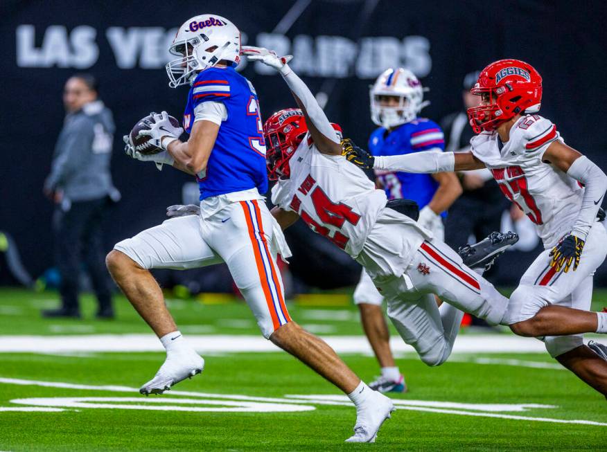 Bishop Gorman wide receiver Derek Meadows (30) hauls in a long pass over Arbor View cornerback ...