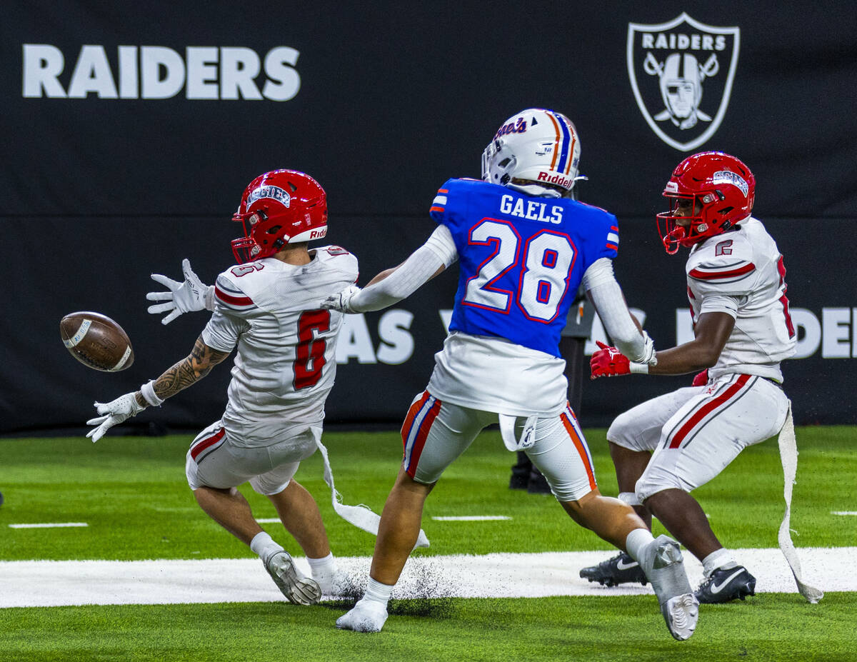 Arbor View wide receiver Jayden Williams (6) nearly makes a touchdown catch as Bishop Gorman de ...