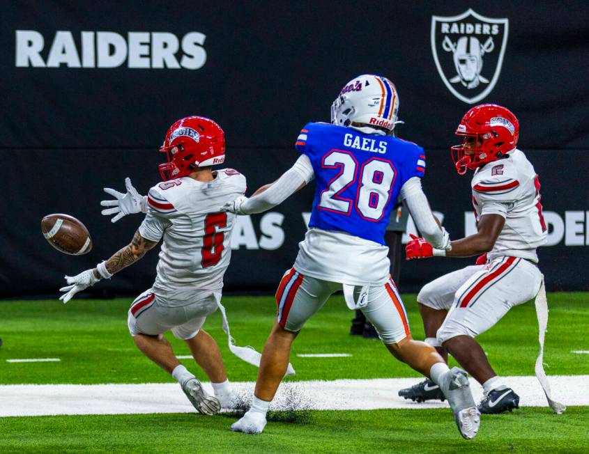 Arbor View wide receiver Jayden Williams (6) nearly makes a touchdown catch as Bishop Gorman de ...