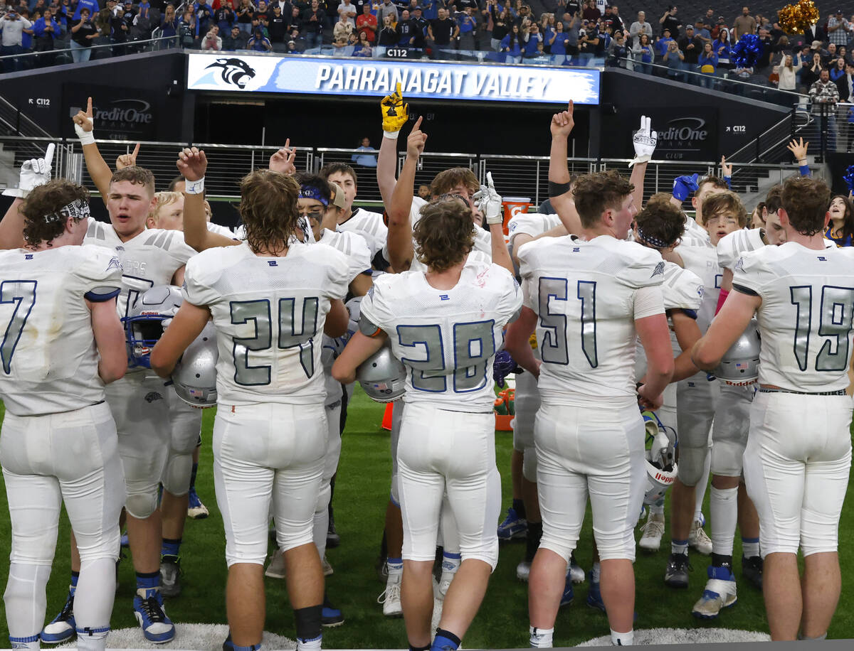 Pahranagat Valley players celebrate after topping Tonopah 28-6 to win the state Class 1A footba ...