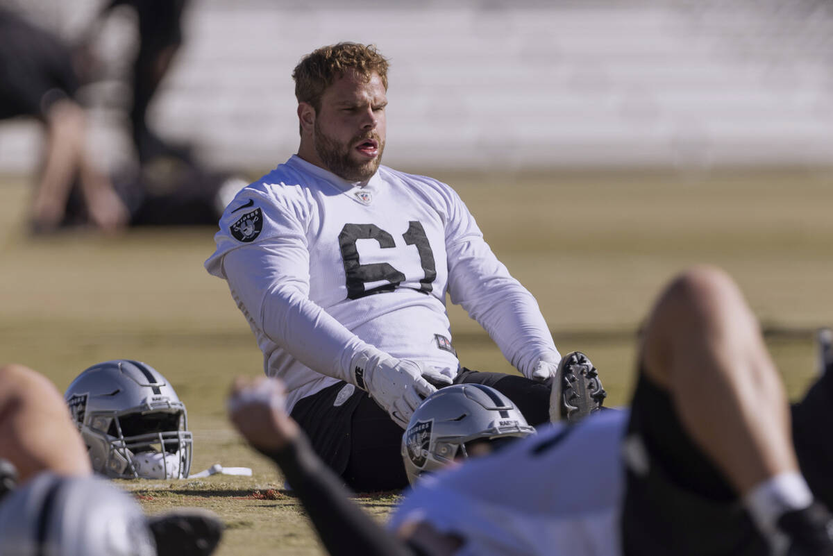 Raiders guard Jordan Meredith (61) stretches during the team’s practice on Wednesday, No ...