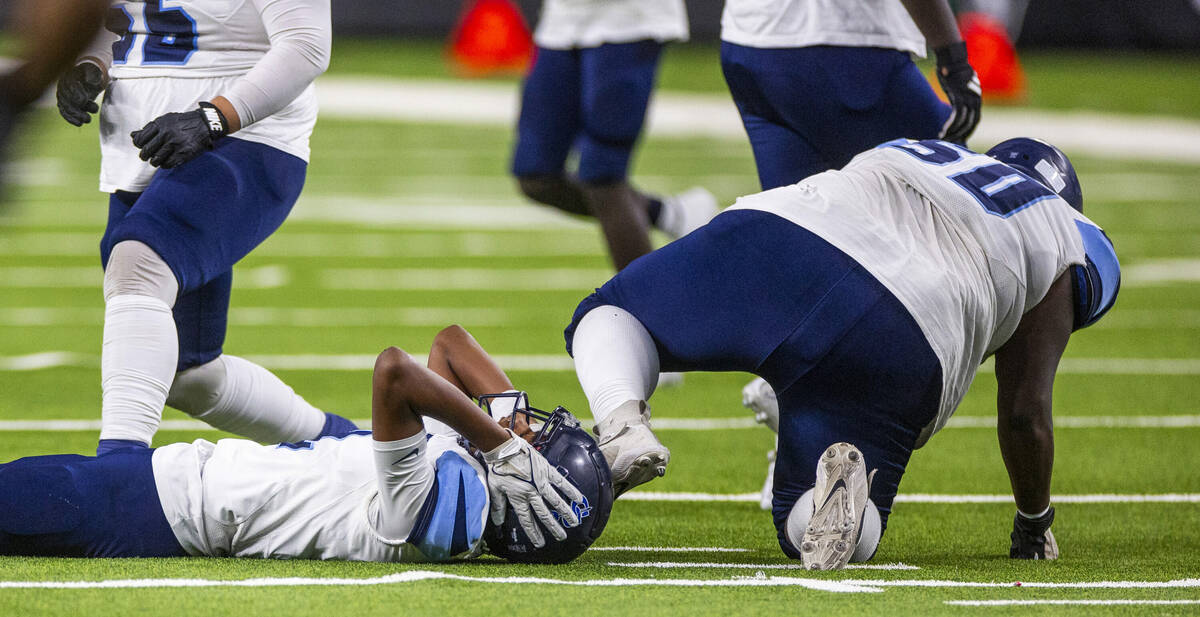 Canyon Springs wide receiver Major Pride (2) is upset about a fumble against Mojave during the ...