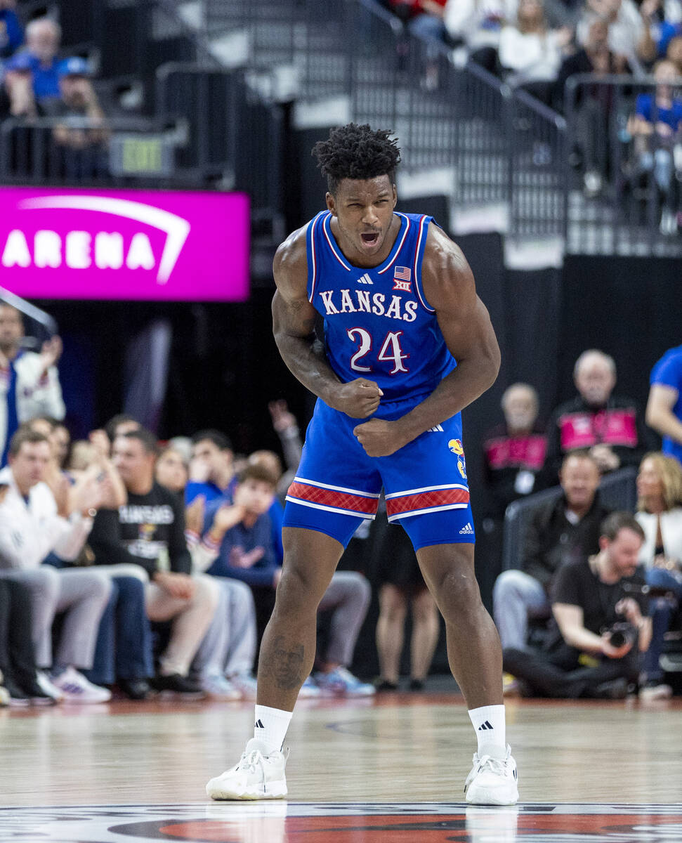 Kansas Jayhawks forward KJ Adams Jr. (24) celebrates a basket during the Vegas Showdown college ...