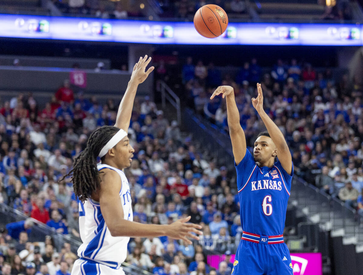 Kansas Jayhawks guard Rylan Griffen (6) puts up a shot during the Vegas Showdown college basket ...