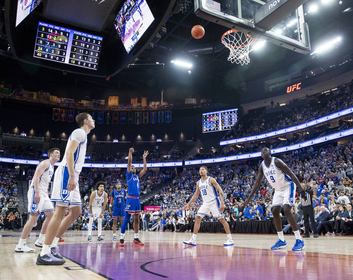 Kansas Jayhawks guard Rylan Griffen (6) shoots a free throw to put the team up by three points ...