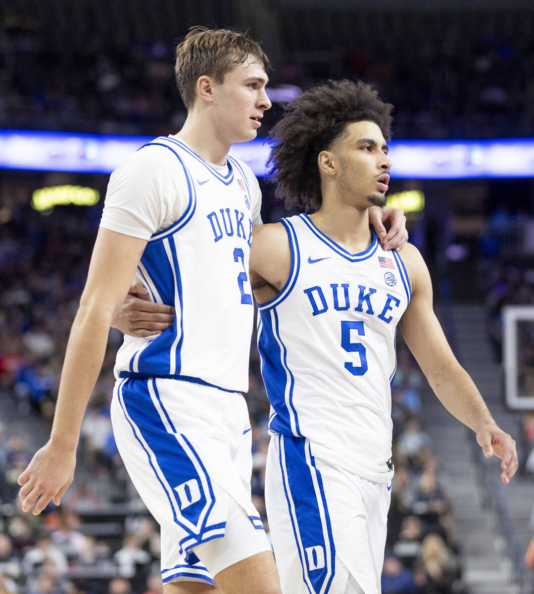 Duke Blue Devils guard Cooper Flagg (2) and guard Tyrese Proctor (5) talk during the Vegas Show ...