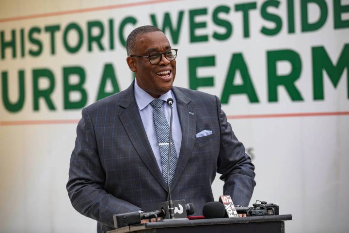 Las Vegas City Councilman Cedric Crear addresses the crowd at a ribbon cutting ceremony for two ...