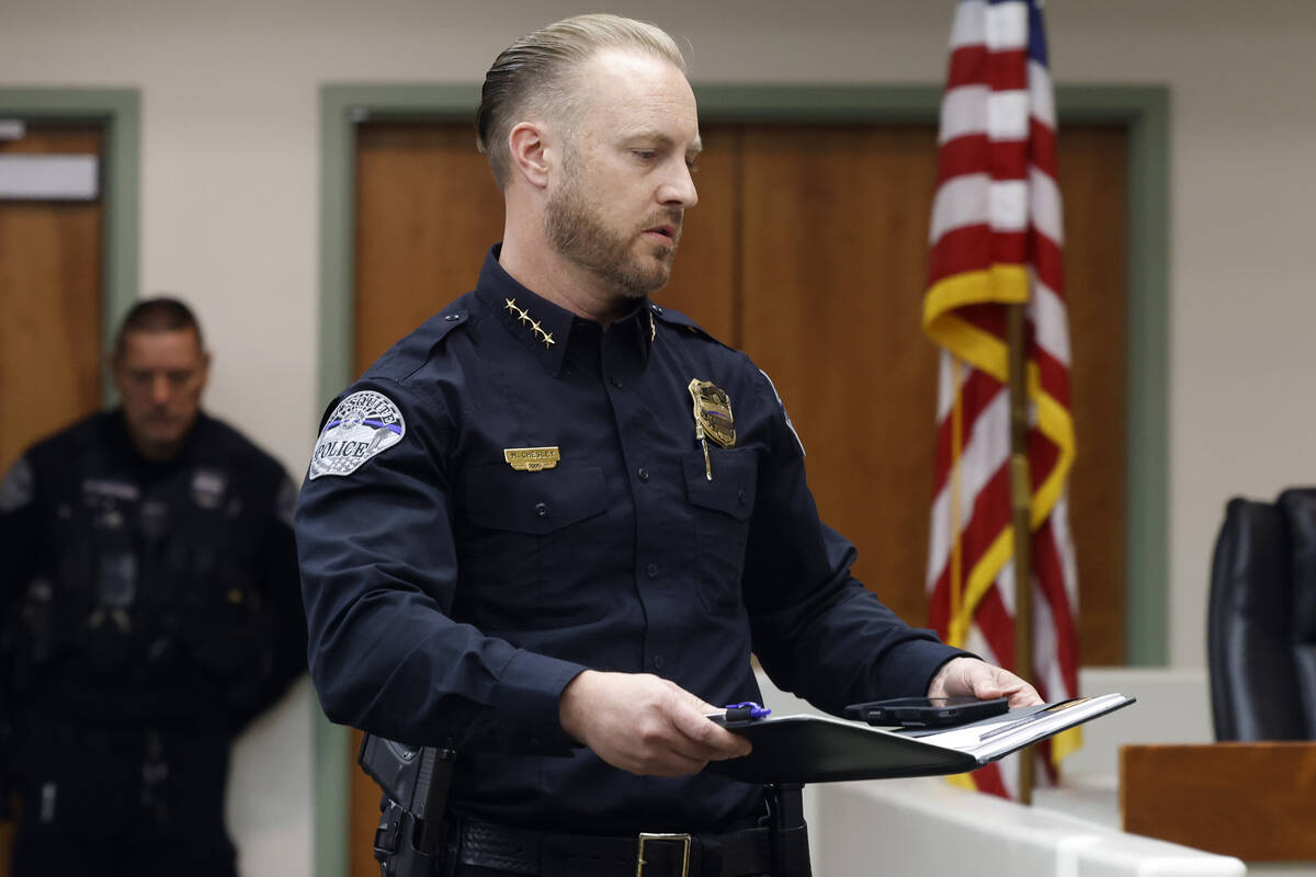 Mesquite Police Chief MaQuade Chesley prepares to speak during a City Council meeting, on Tuesd ...