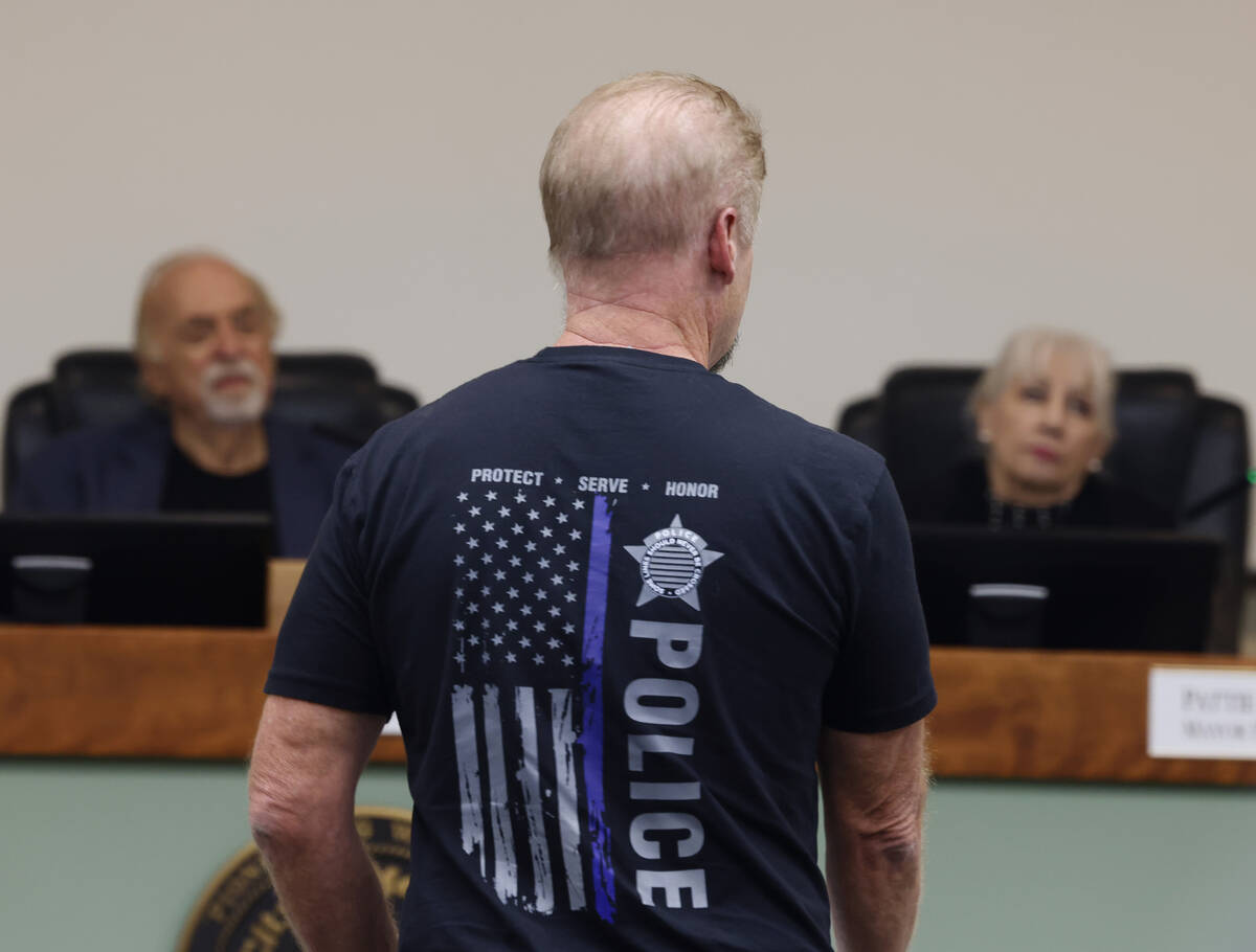 Mesquite Mayor Allan Litman, left, and Mayor Pro Tem Pattie Gallo listen as Shane Charles, a r ...