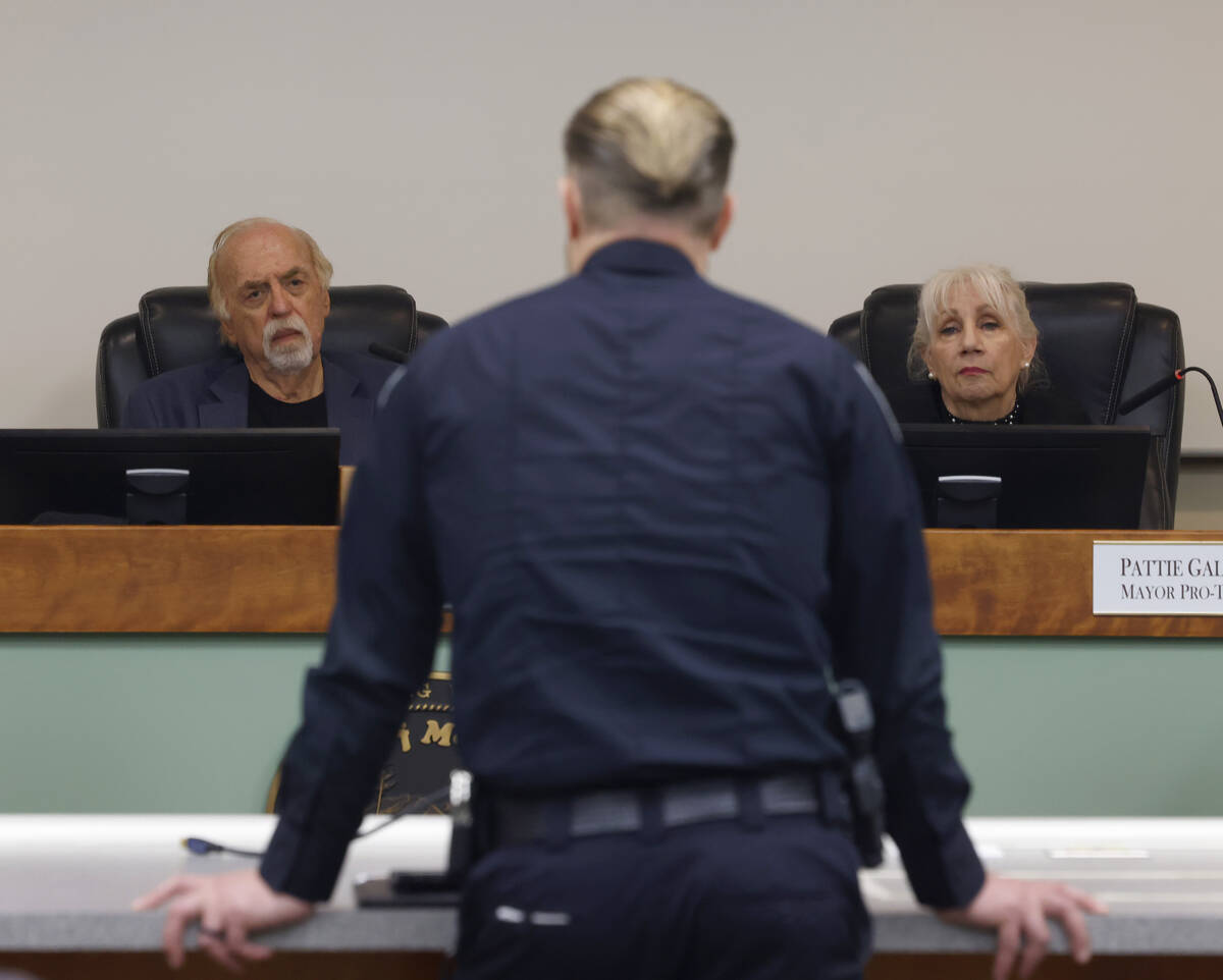 Mesquite Mayor Allan Litman, left, and Mayor Pro Tem Pattie Gallo listen as Police Chief MaQua ...