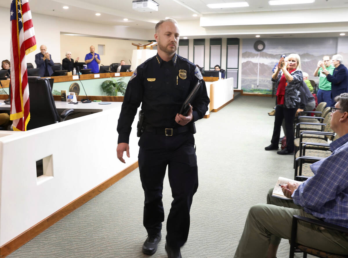 Mesquite Police Chief MaQuade Chesley leaves the podium after speaking at a City Council meetin ...