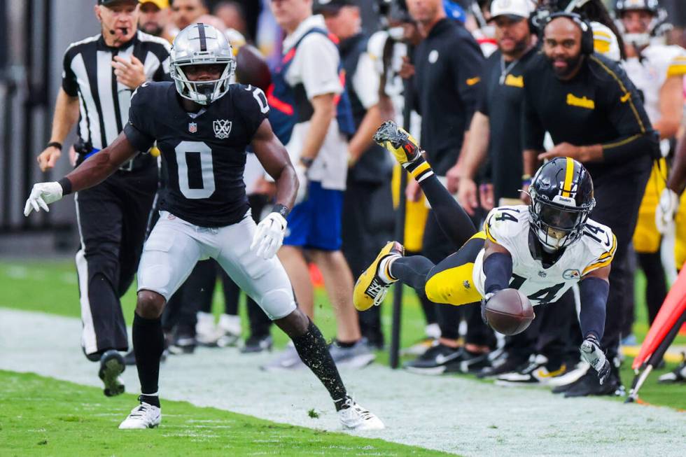 Pittsburgh Steelers wide receiver George Pickens (14) leaps into the air with the ball as Raide ...