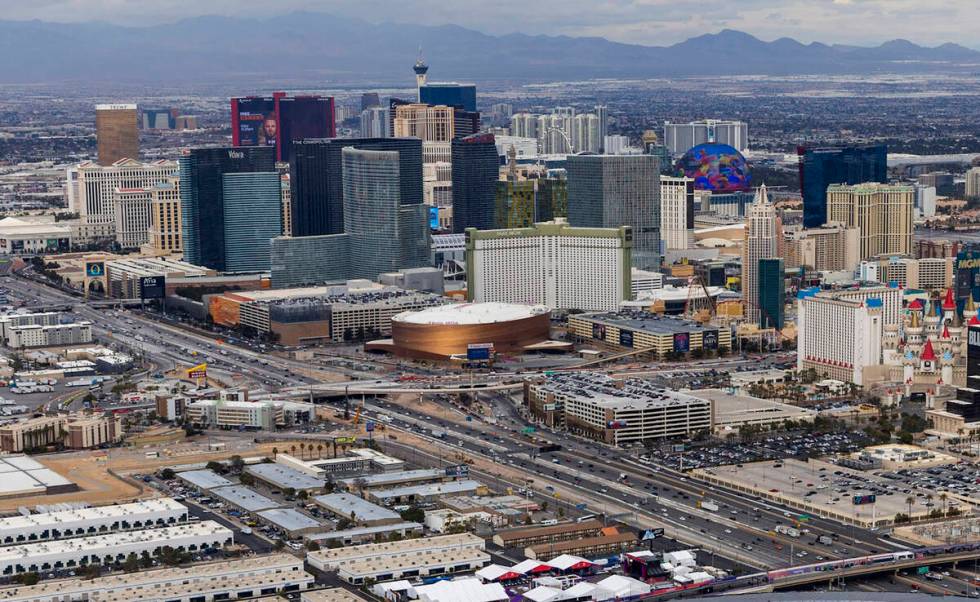 An aerial view of the Las Vegas Strip on Friday, Feb. 9, 2024, in Las Vegas. (L.E. Baskow/Las V ...