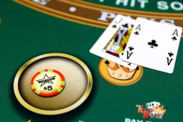 A blackjack table at The Pass on historic Water Street in downtown Henderson in March 2021. (K. ...