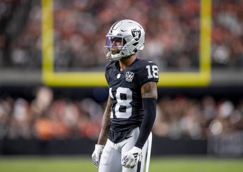 Raiders cornerback Jack Jones (18) waits for a play during the second half of the NFL football ...