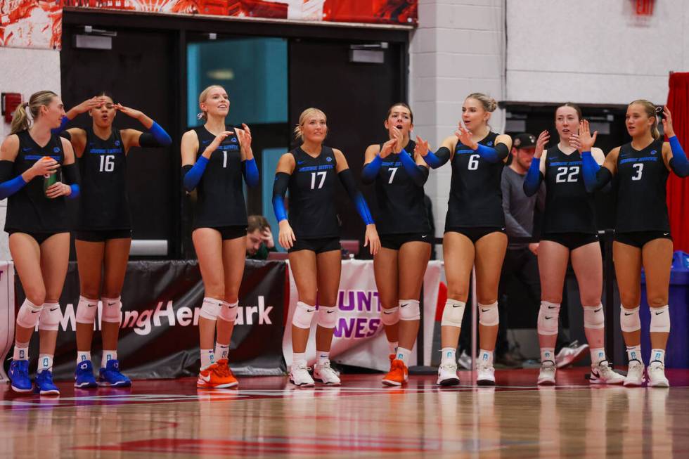 Boise State players dance during a first round game in the Mountain West Volleyball Championshi ...